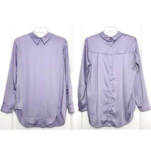 ROUCHA Lavender Satin Back Button Up Long Sleeve Double Collar Oversized Shirt S